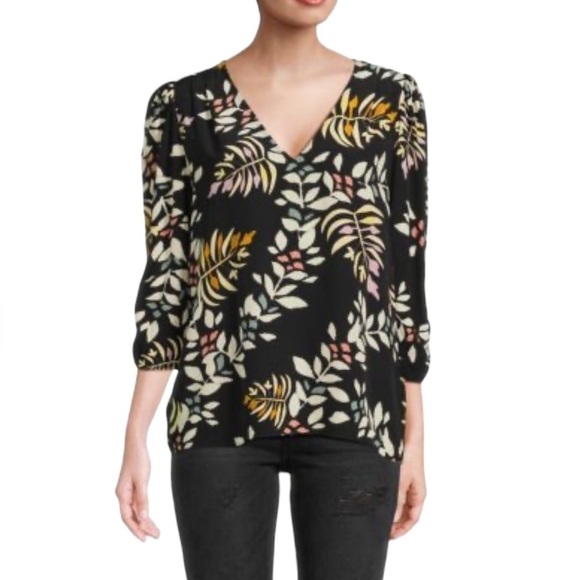 ba&sh Top Cross Black Floral Viscose V-Neck Three Quarter Sleeve Blouse Size XS - Picture 2 of 13
